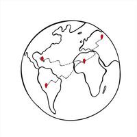 Minimalist globe with abstract continents and random red location markers. Global and data visualization, world internet network graphic sketch. For presentations, infographics, websites vector