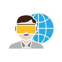 education icon. VR or AR in Education. Student wearing VR with world symbol behind him. smart, learning, clever. Flat design style vector