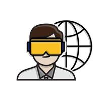 education icon. VR or AR in Education. Student wearing VR with world symbol behind him. smart, learning, clever. Mixed design style vector