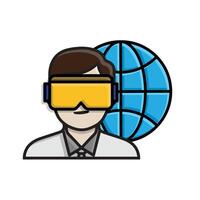 education icon. VR or AR in Education. Student wearing VR with world symbol behind him. smart, learning, clever. isometric design style vector