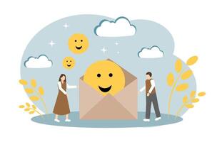 Emoticons in an envelope. The concept of pleasant communication, good mood, positive emotions and mental health vector