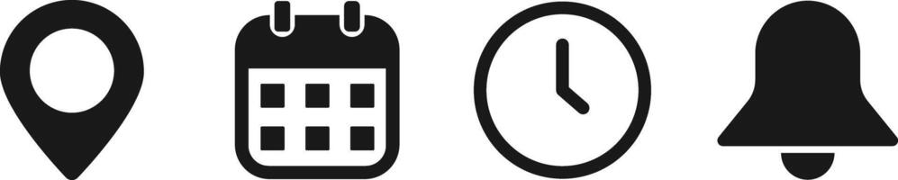Four Black Icons Location Calendar Clock and Notification Bell. Time Management Icon . Black Icons Location Calendar Clock and Notification Bell. vector