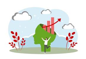 A woman and arrows from the head. The concept of personal growth, learning, career growth, successful business and a good idea vector
