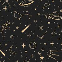 Space star seamless pattern. Hand drawn doodle sketch line style galaxy planet star, rocket, moon cute kid seamless pattern. Space planet kid doodle background vector
