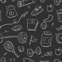 Doodle gym sketch health seamless pattern background. Hand drawn sketch doodle healthy sport, gym fit exercise equipment background. Seamless sport chalkboard pattern vector
