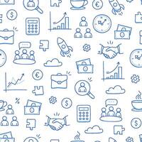 Business job icon doodle seamless pattern background. Business teamwork, office, career concept doodle line sketch style pattern with money, rocket, calculator element vector