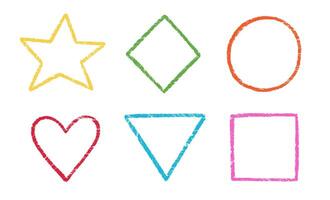 Crayon, chalk kid frame pack. Round, square, heart shape hand drawn crayon texture color frame element. Chalk, pastel pencil kid craft paint style square, star border. vector
