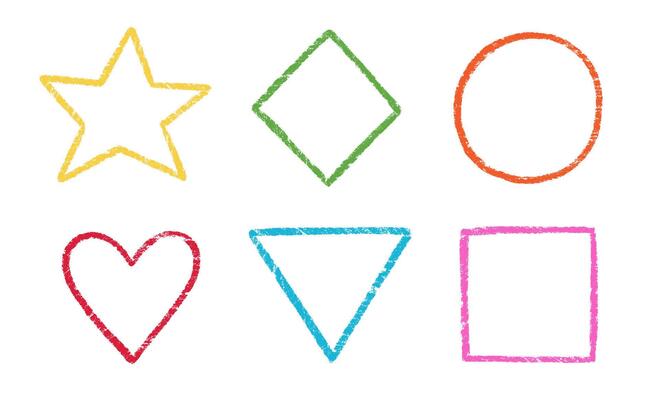 Crayon, chalk kid frame pack. Round, square, heart shape hand drawn crayon texture color frame element. Chalk, pastel pencil kid craft paint style square, star border.