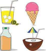 Summer Refreshments, Lemonade, Ice Cream, Juice Bottle, Coconut Drink vector