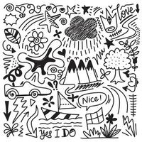 Hand drawn marker simple elements set. Doodle pen signs and effects. Simple hills, star, glitter, cloud, heart, floral objects. Decorative pencil curved symbols and shape. vector