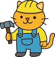 Hand drawn Cat and Career Doodle, Cartoon cat in a hard hat with a hammer in overalls. vector