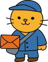 Hand drawn Cat and Career Doodle, Cute cat character dressed as a mail carrier holding an envelope. vector