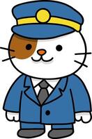 Hand drawn Cat and Career Doodle, Adorable cartoon cat in a police uniform with a cap. vector