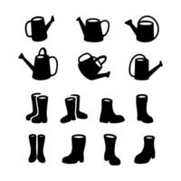 Gardening set element icon with boot and watering can. Black and white Illustration vector