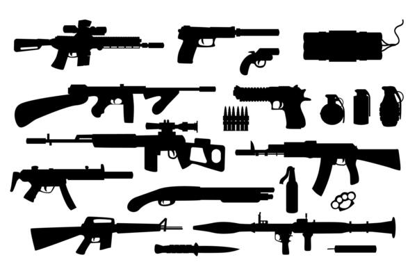 Set of weapon silhouettes. Black and white Illustration