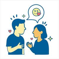 Friendly Conversation and Emotional Support, A heartfelt exchange between two friends, discussing emotions and empathy, with a smiling face and heart symbol in the speech bubble vector