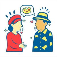 Positive Conversation Between Artist and Art Enthusiast, An illustration of two people engaging in a friendly discussion about art featuring a creative vector