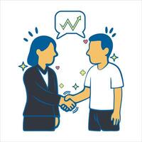 Business Collaboration and Productive Communication, A handshake between a businesswoman and a casually dressed man illustrates teamwork, cooperation, and professional interaction vector