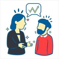 Professional Discussion and Supportive Networking, Ilustrasi seorang wanita dan seorang pria yang terlibat dalam percakapan bermakna tentang pertumbuhan, ditunjukkan dengan ikon grafik menaik. vector
