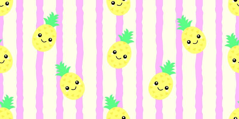 Kid's seamless pattern. Smiling Pineapple. Exotic fruit fashion print. Design elements for baby textile or clothes. Hand drawn doodle repeating delicacies. Tropical wallpaper