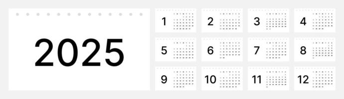 A minimalist 2025 calendar with a modern and elegant white and black design. In a simple format with clear numbers and neat layout, suitable for professional and decorative use. vector