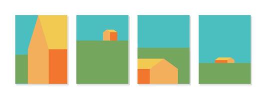 Set of four abstract geometric illustrations featuring houses, sky, and ground in a minimalist style. Perfect for modern interior design, posters, or digital projects vector