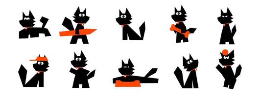 A playful set illustrations featuring a friendly black dog in various poses. Perfect for children's books, branding vector