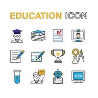 education icon set. learning result, Study Planner, Live Chat, etc. education symbol on white background. smart, learning, clever. Mixed design style vector