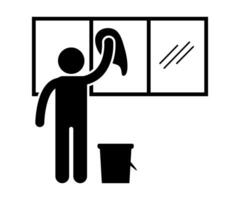 Stick figure stickman icon, human silhouette. a janitor cleans a glass window with a rag and bucket. vector