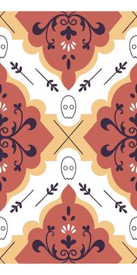 A seamless vintage haunted mansion wallpaper pattern with antique filigree, subtle ghostly faces, and faded textures in deep plum and silver