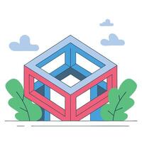 A cube with impossible geometry, blue and red colors, green leaves on the sides, white background with some clouds vector