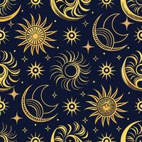 Celestial sun and moon pattern, midnight navy with gold line art, mystical bohemian design, seamless repeat vector