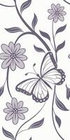 Butterfly with open wings and a flower with rounded petals, both in purple tones, on a white background with floral motifs vector
