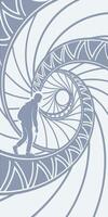 A man with a backpack walking on a spiral staircase, the background is a white and gray spiral pattern vector
