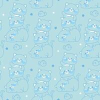 Seamless pattern of cute cat stay on top each other greeting line hand drawn with fish background.Meow.Pet animal character cartoon design.Relax.Lay.Kawaii.Meow.Kitten. vector
