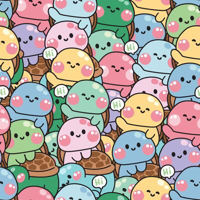 Repeat.Seamless pattern of cute turtle stay on top each other greeting say hi background.Marine underwater life animal character cartoon design.Relax.Lay.Painting book.Kawaii.Illustration.