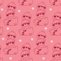 Seamless pattern of cute hen stay on top each other greeting with tiny bow line hand drawn background.Farm animal character cartoon design.Relax.Lay.Kawaii.Illustration vector
