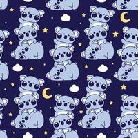 Seamless pattern of cute koala teddy bear stay on top each other greeting with moon and star line hand drawn on sky background.Mammal wild animal character cartoon design.Relax.Lay.Kawaii. vector