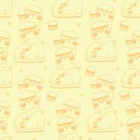 Seamless pattern of cute pig stay on top each other greeting with hamburger line hand drawn background.Farm animal character cartoon design.Relax.Lay.Kawaii.Illustration. vector
