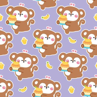 Seamless pattern of cute monkey hold banana cake background.Heart.Bakery.Sweet and dessert.Birthday cake.Wild animal character cartoon design.Image for card,sticker,baby clothing.Kawaii.