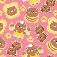 Seamless pattern of cute bear in various menu bakery background.Pastel.Face teddy.Bread,pancake,cookies.Wild animal character cartoon design.Kawaii.Illustration vector