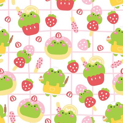 Seamless pattern of cute frog in various menu strawberry bakery background.Pastel.Tanghulu is chinese candied fruit,cupcake,donut.Reptile animal character cartoon design.Kawaii.Illustration