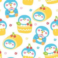 Seamless pattern of cute penguin in various cherry menu bakery with flower background.Pastel.Cake cherry,cupcake,roll cake.Polar bird animal character cartoon design.Kawaii.Illustration vector