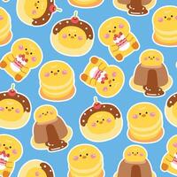 Seamless pattern of cute chicken in various menu bakery background.Pastel.Face.Head.Chocolate lava cake,donut cherry,pancake.Farm bird animal character cartoon design.Kawaii.Illustration vector