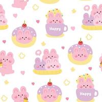 Seamless pattern of cute rabbit in various menu bakery with star and heart background.Pastel.Face bunny.Donut cherry,drink,cookies.Rodent animal character cartoon design.Kawaii.Illustration vector