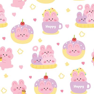 Seamless pattern of cute rabbit in various menu bakery with star and heart background.Pastel.Face bunny.Donut cherry,drink,cookies.Rodent animal character cartoon design.Kawaii.Illustration