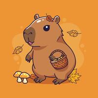 Cute Capybara with a basket of mushrooms. illustration. vector