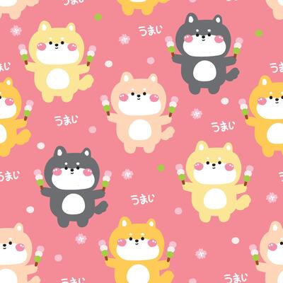 Seamless pattern of cute shiba inu dog hold dango is japanese dessert with sakura flower background.Japanese word mean yummy.Bakery.Sweet.Pet animal character cartoon design.Kawaii.