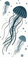 Two jellyfish with long tentacles and some bubbles on a white background, art, minimalist vector