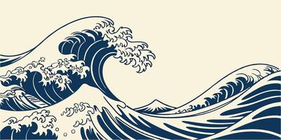 Traditional Japanese wave background, indigo and cream tones, elegant curved lines and repeating pattern vector